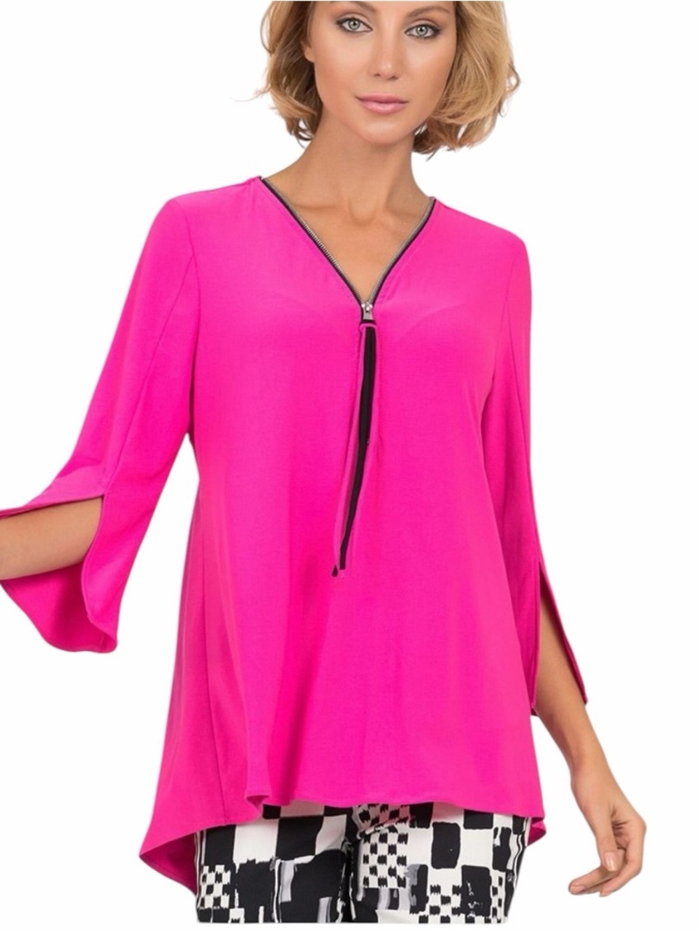 Joseph Ribkoff Pink Tunic Top Zip Front 3/4 Sleeve Slit Sleeve Size 10